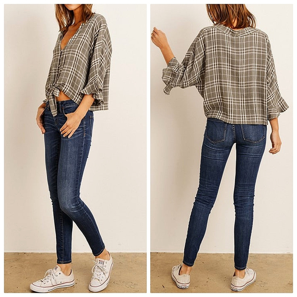 Boho Flutter Sleeve Plaid Button Front Blouse Top… - image 1